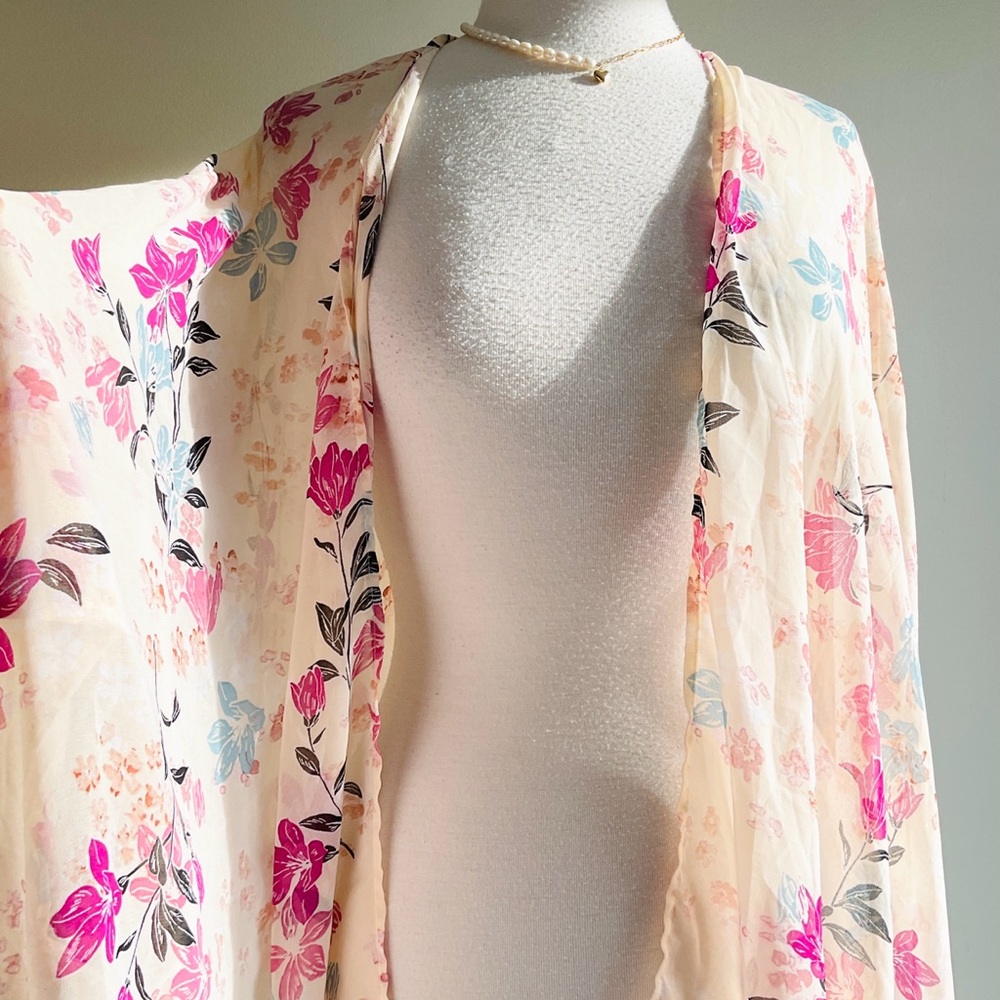 Sheer Floral Kimono Robe - Cream with Pink Floral Print